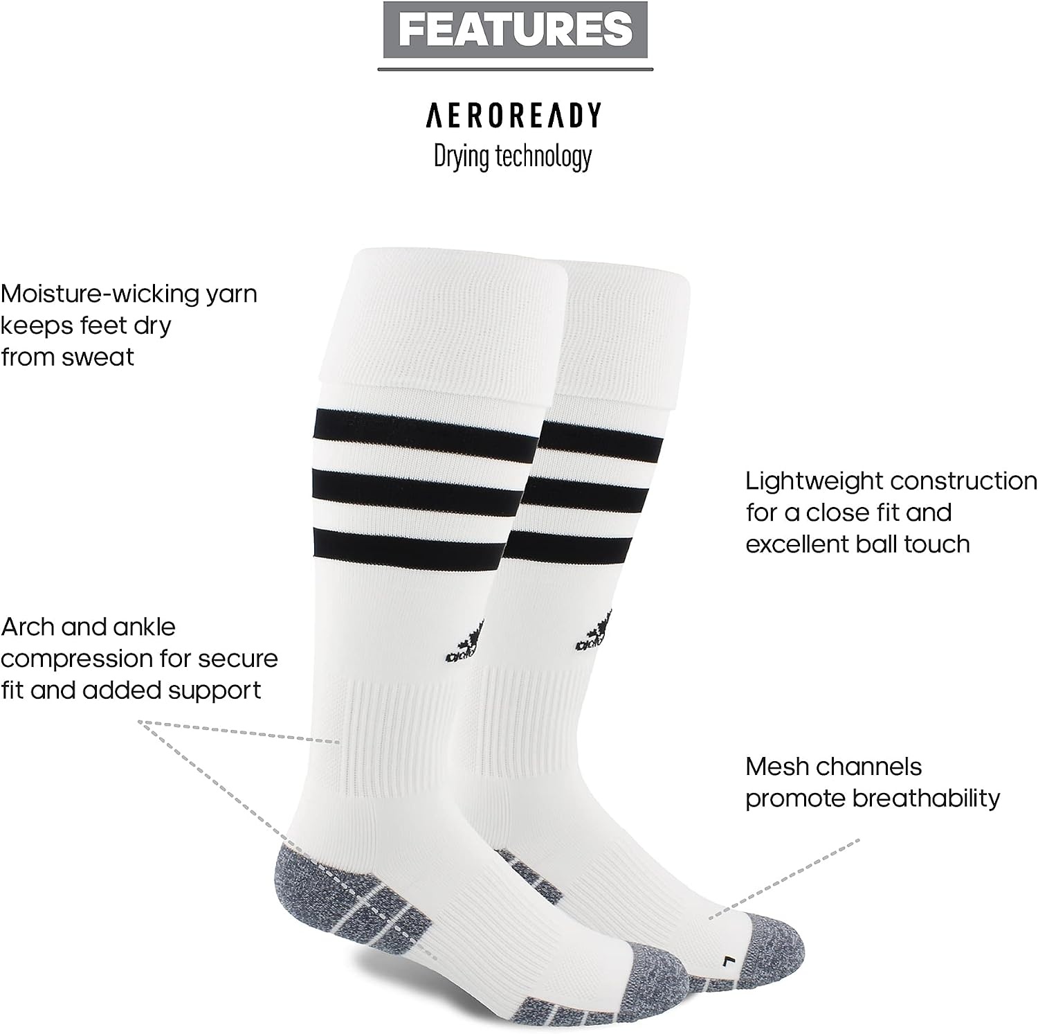 image:imageadidas unisex 3stripe Hoop Soccer Socks 1pair With Arch Compression for a Secure FitWhiteBlack