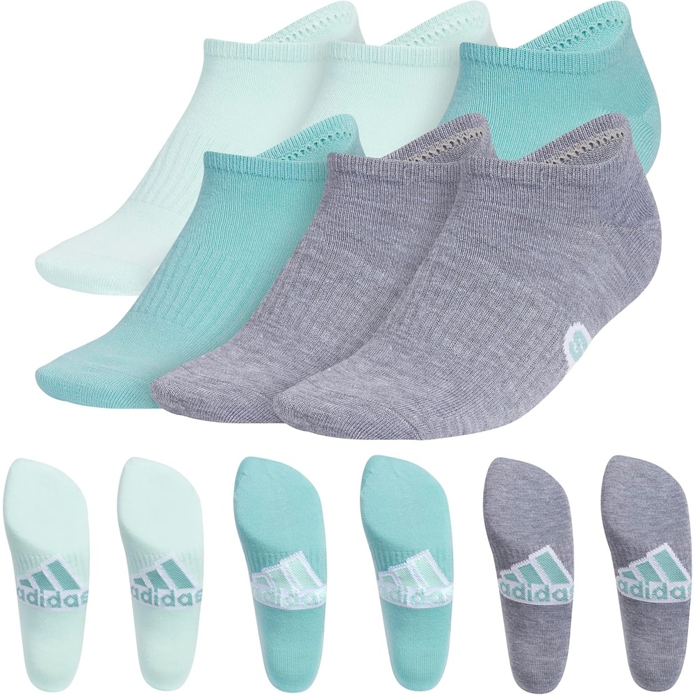 image:imageadidas Womens Superlite No Show Socks 6 Pairs Lightweight amp BreathableClassicSemi Flash Aqua BlueMint Tone GreenGrey