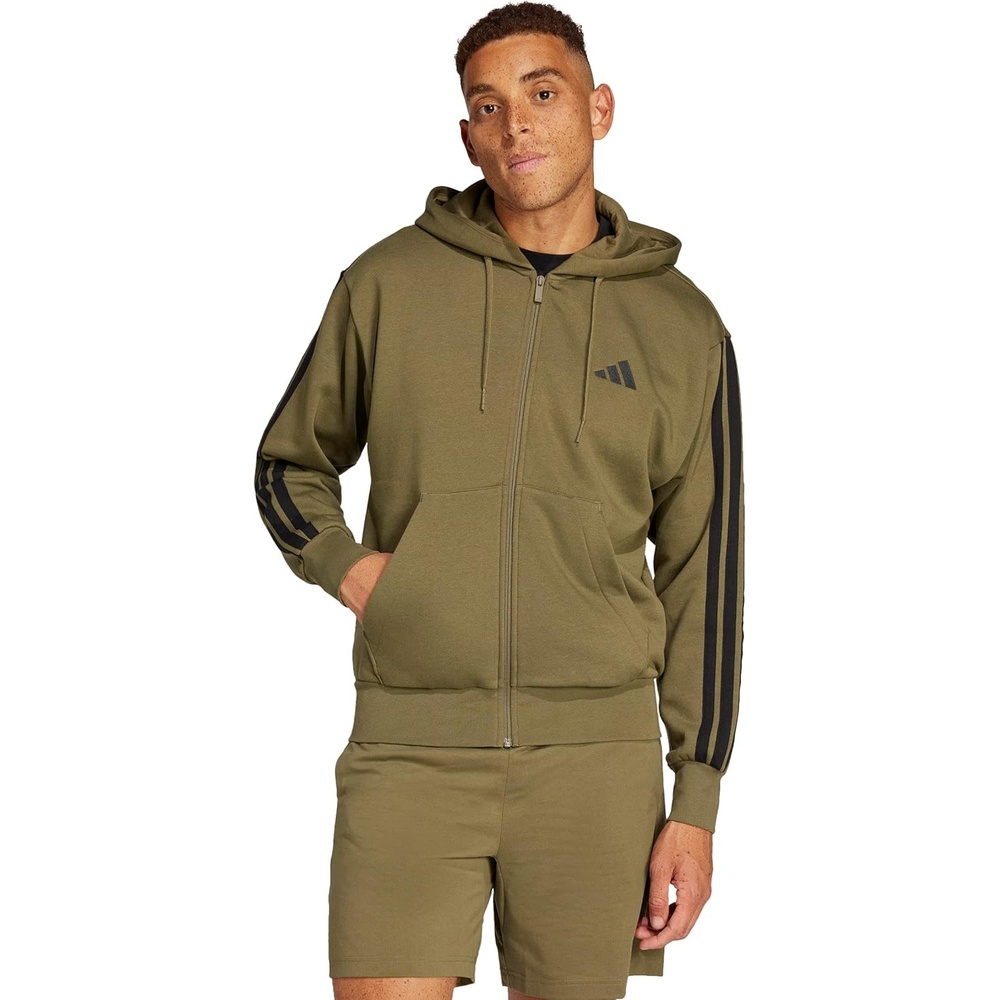 image:imageadidas mens Essentials 3stripes Fleece Fullzip Hooded Track TopOlive StrataBlack