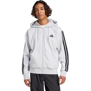adidas mens Essentials 3-stripes Fleece Full-zip Hooded Track Top(Light Grey Heather/Black)