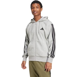 adidas mens Essentials 3-stripes Fleece Full-zip Hooded Track Top(Medium Grey Heather/Black)