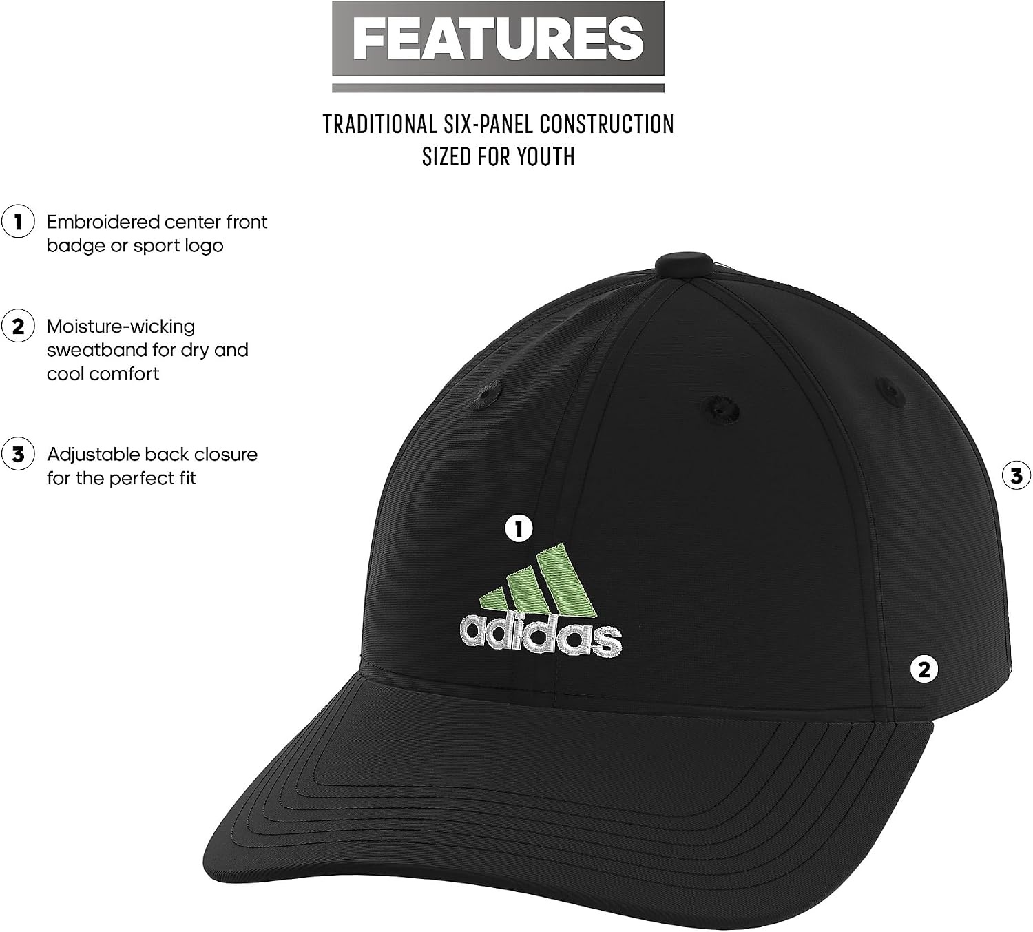 image:imageAdidas Kids Ultimate Hat Sports Baseball Cap for Boys and GirlsBlackWhiteSemi Green Spark