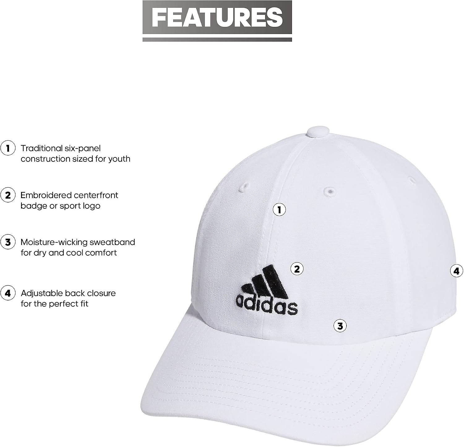 image:imageAdidas Kids Ultimate Hat Sports Baseball Cap for Boys and GirlsWhiteBlack