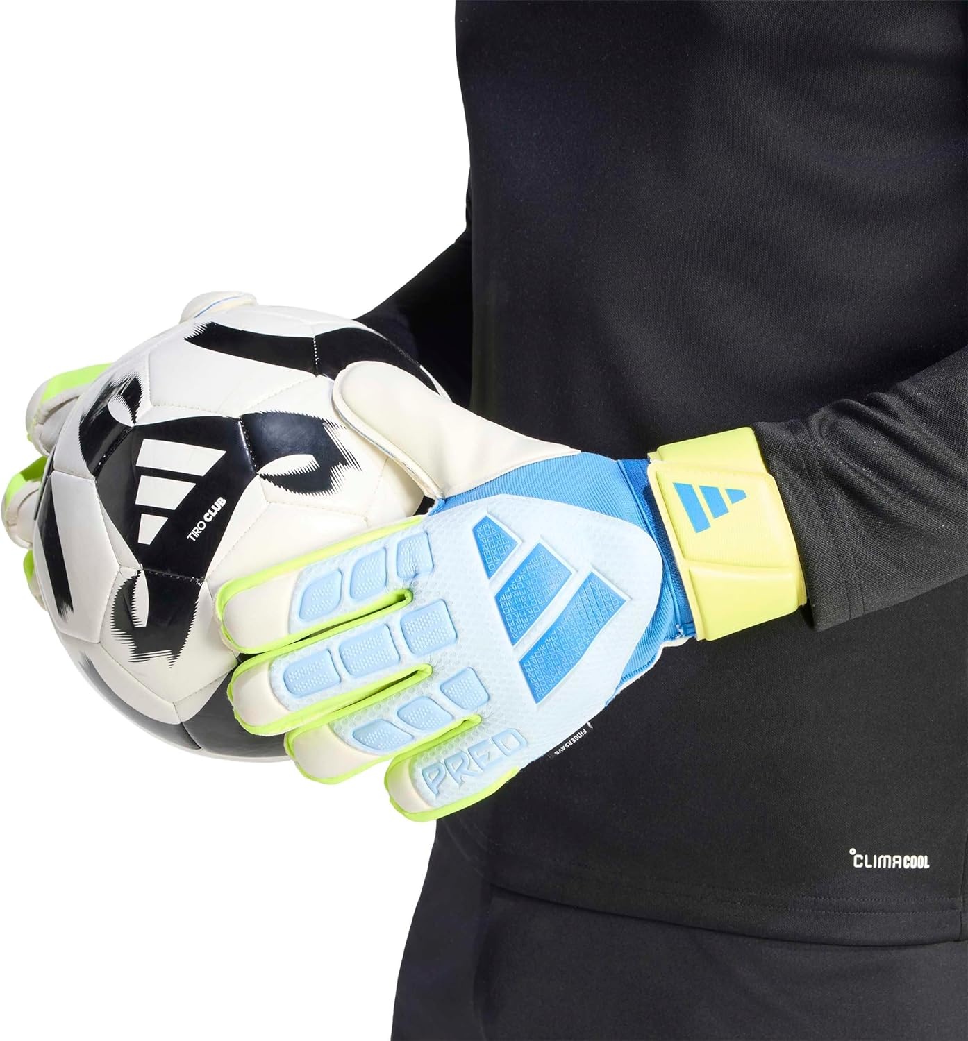 image:imageadidas Match Fingersave Goalkeeper Gloves Athletic WhiteCrystal SkyRay BlueSolar Yellow