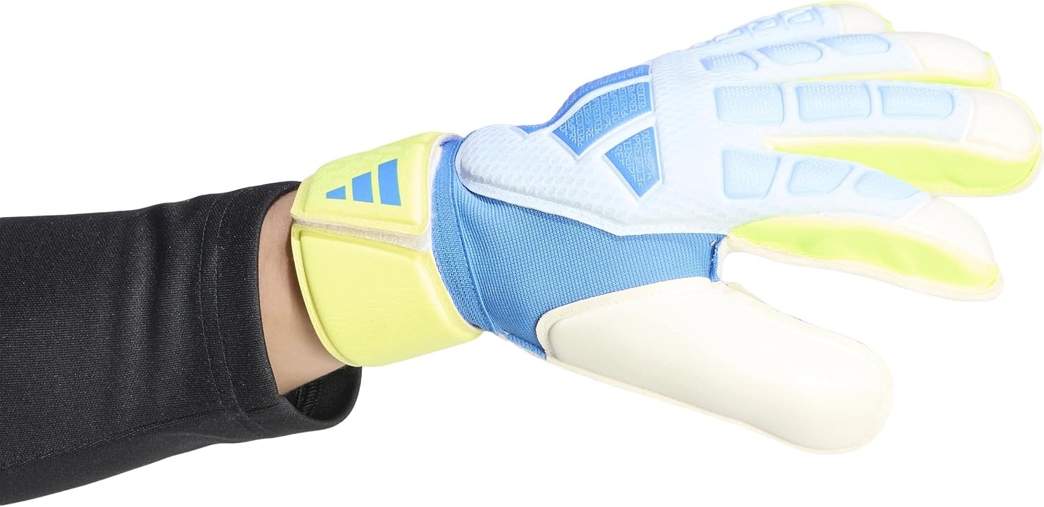 image:imageadidas Match Fingersave Goalkeeper Gloves Athletic WhiteCrystal SkyRay BlueSolar Yellow