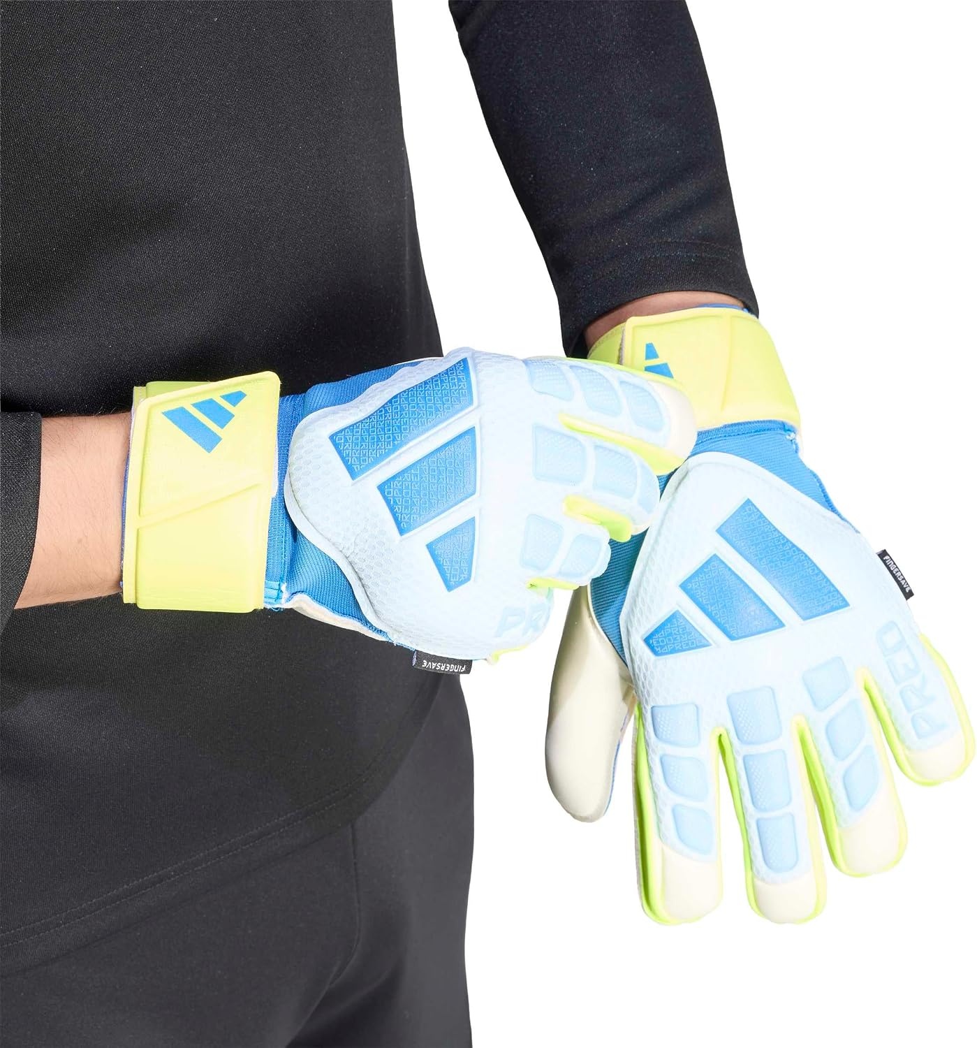 image:imageadidas Match Fingersave Goalkeeper Gloves Athletic WhiteCrystal SkyRay BlueSolar Yellow