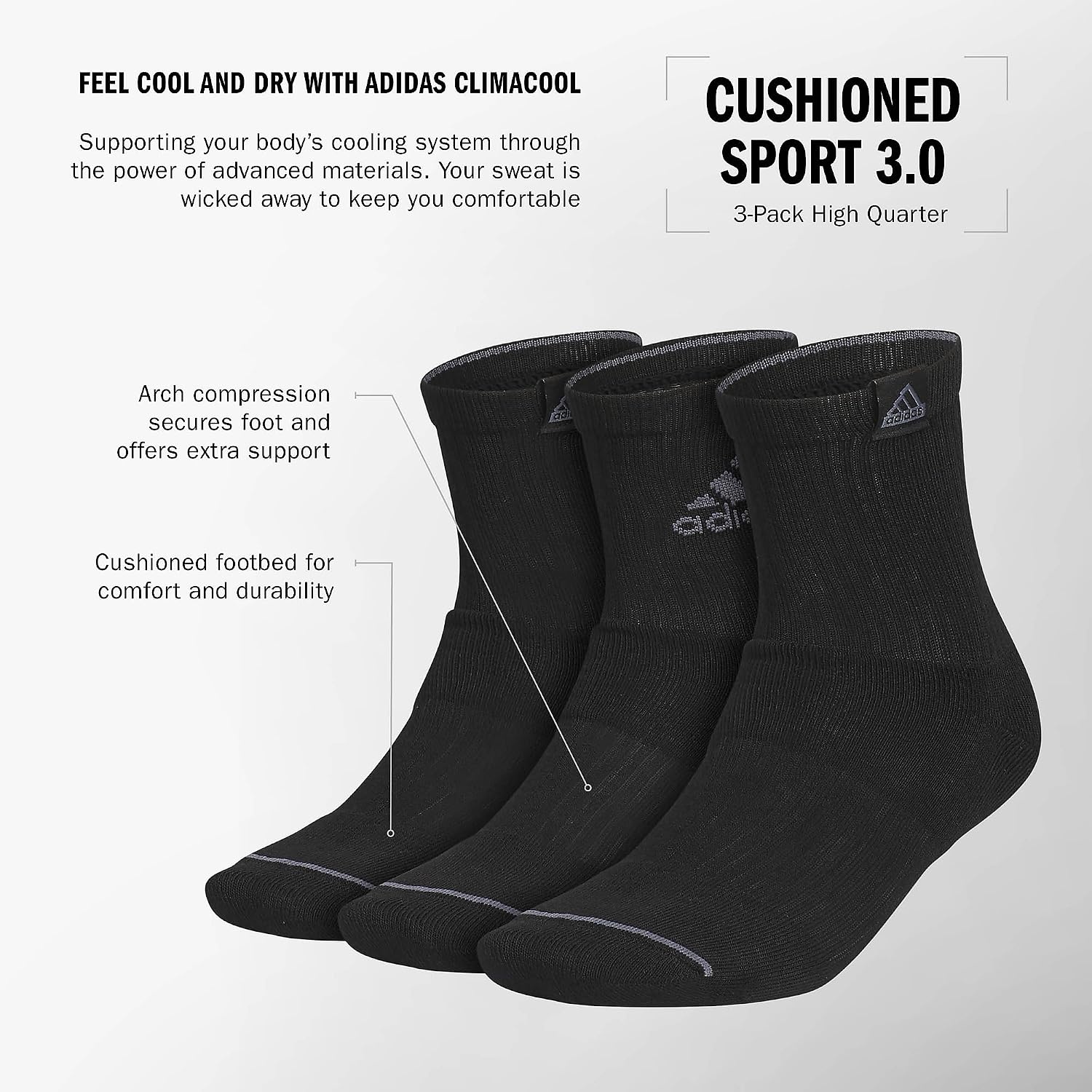 image:imageadidas Mens Cushioned High Quarter Socks 3 Pairs Durable amp ComfortableBlackOnix Grey3