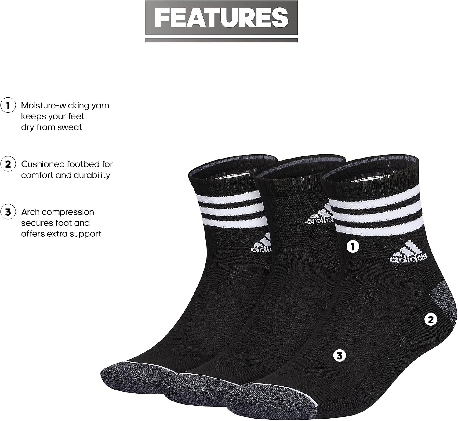 image:imageadidas Mens Cushioned High Quarter Socks 3 Pairs Durable amp ComfortableBlackOnix GreyWhite3stripe3