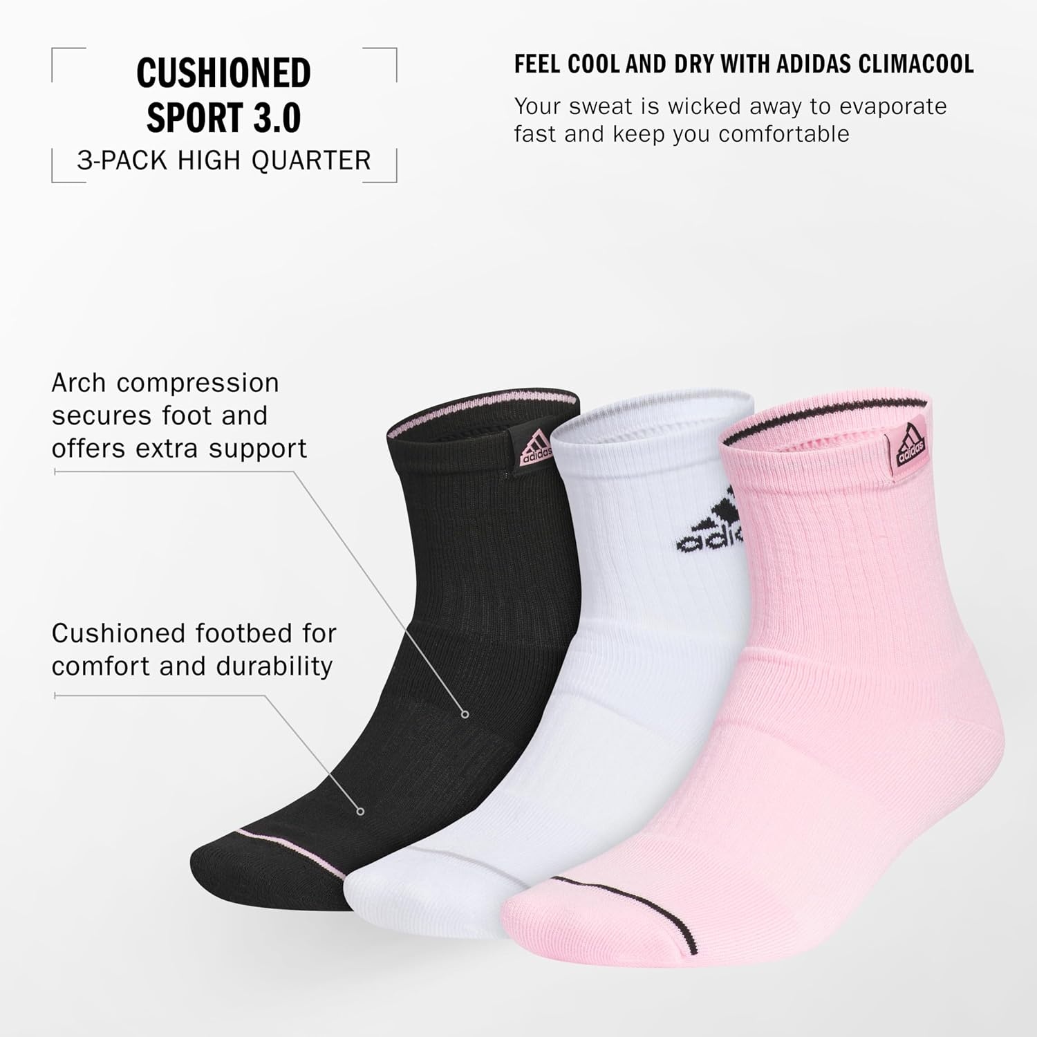 image:imageadidas Mens Cushioned High Quarter Socks 3 Pairs Durable amp ComfortableBlackTrue PinkWhite3