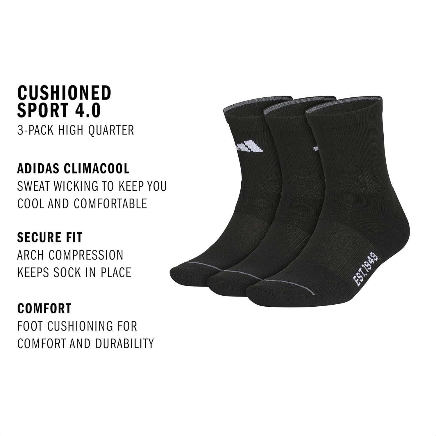 image:imageadidas Mens Cushioned High Quarter Socks 3 Pairs Durable amp ComfortableBlackWhiteOnix Grey4