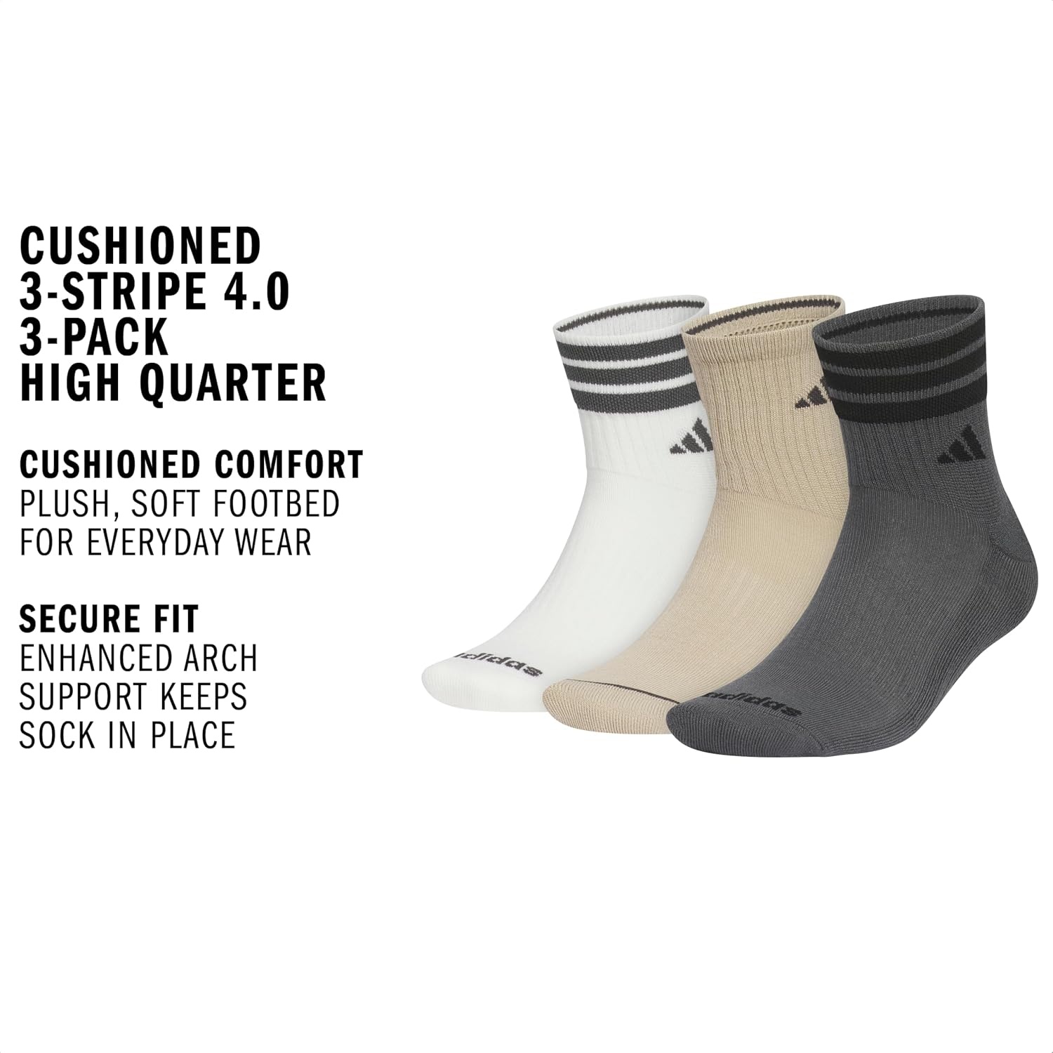 image:imageadidas Mens Cushioned High Quarter Socks 3 Pairs Durable amp ComfortableOff WhiteWonder Cargo KhakiGrey Six3stripe4