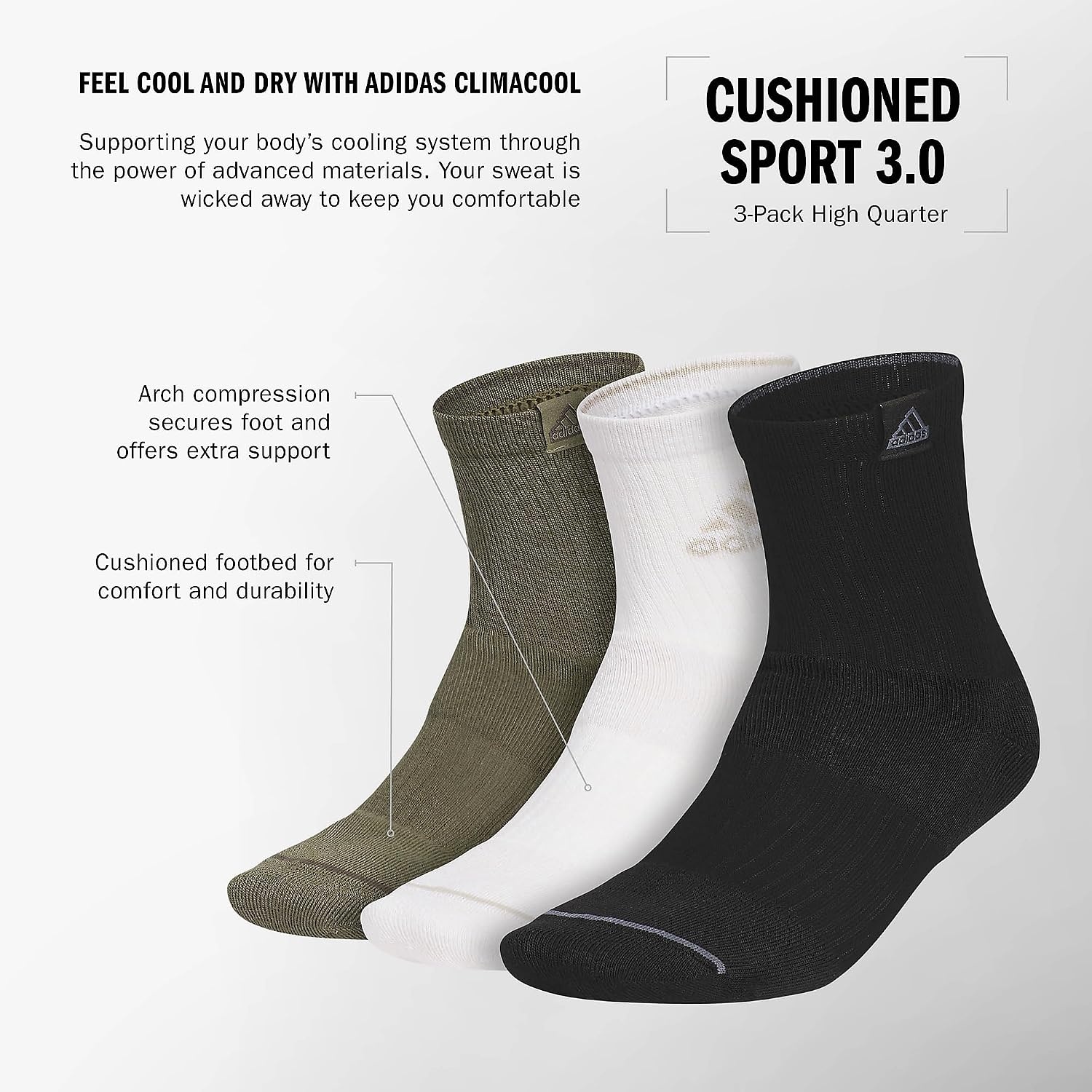 image:imageadidas Mens Cushioned High Quarter Socks 3 Pairs Durable amp ComfortableOlive Strata GreenAlumina BeigeBlack3