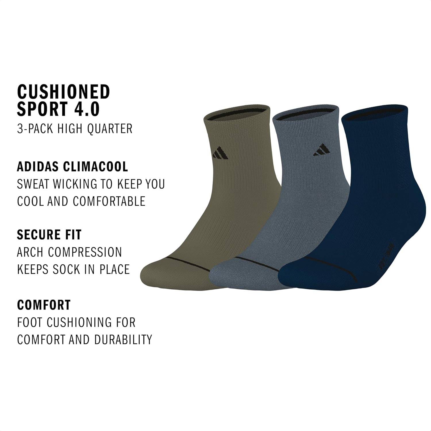 image:imageadidas Mens Cushioned High Quarter Socks 3 Pairs Durable amp ComfortableOlive Strata GreenOnix GreyDark Blue4