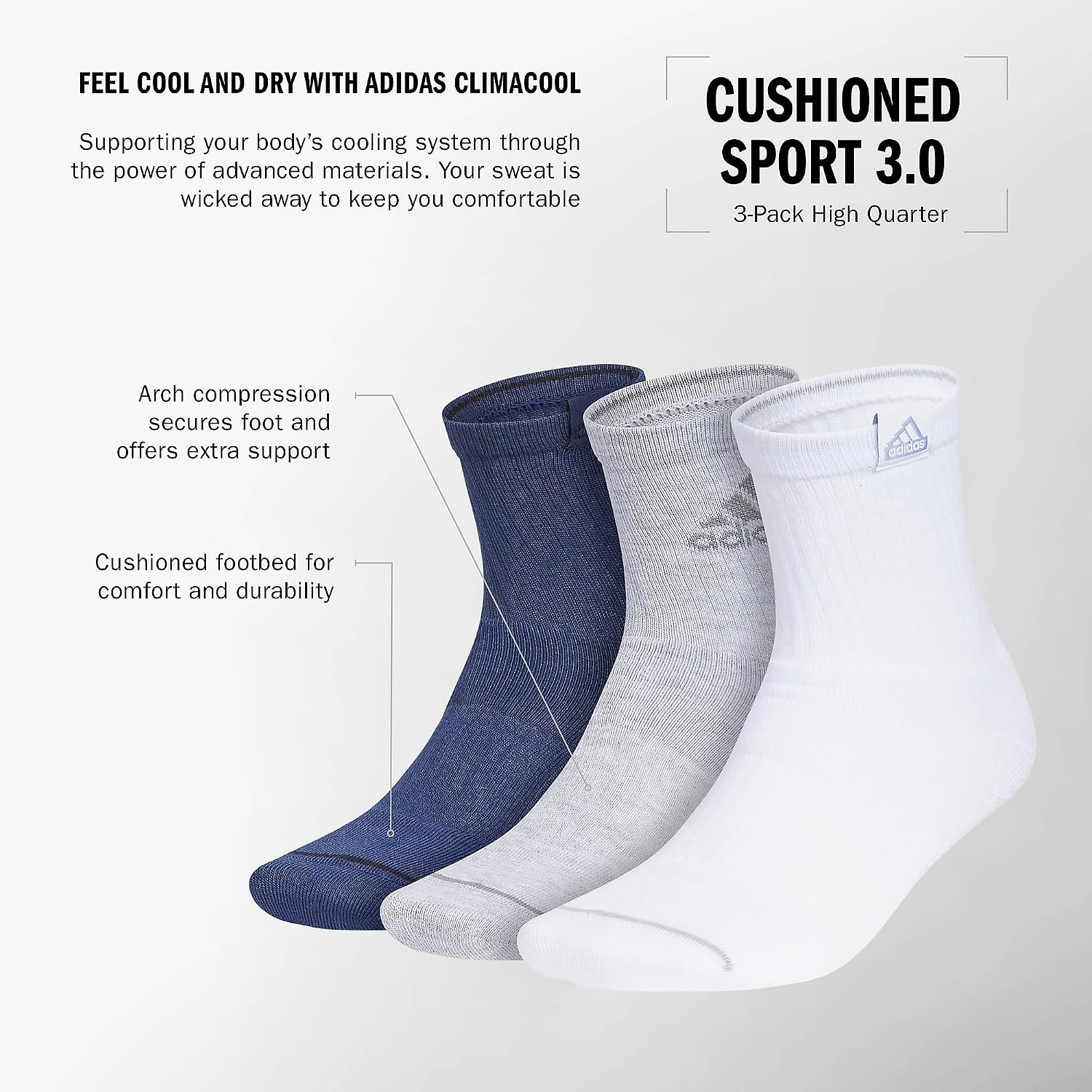 image:imageadidas Mens Cushioned High Quarter Socks 3 Pairs Durable amp ComfortableTech Indigo BlueCool Light HeatherWhite3