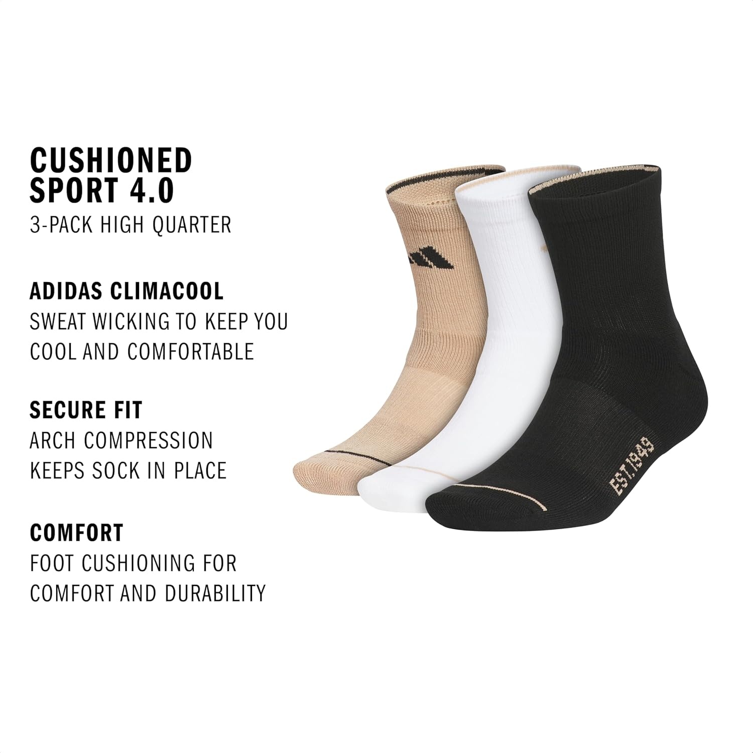 image:imageadidas Mens Cushioned High Quarter Socks 3 Pairs Durable amp ComfortableWarm Sandstone BeigeWhiteBlack4