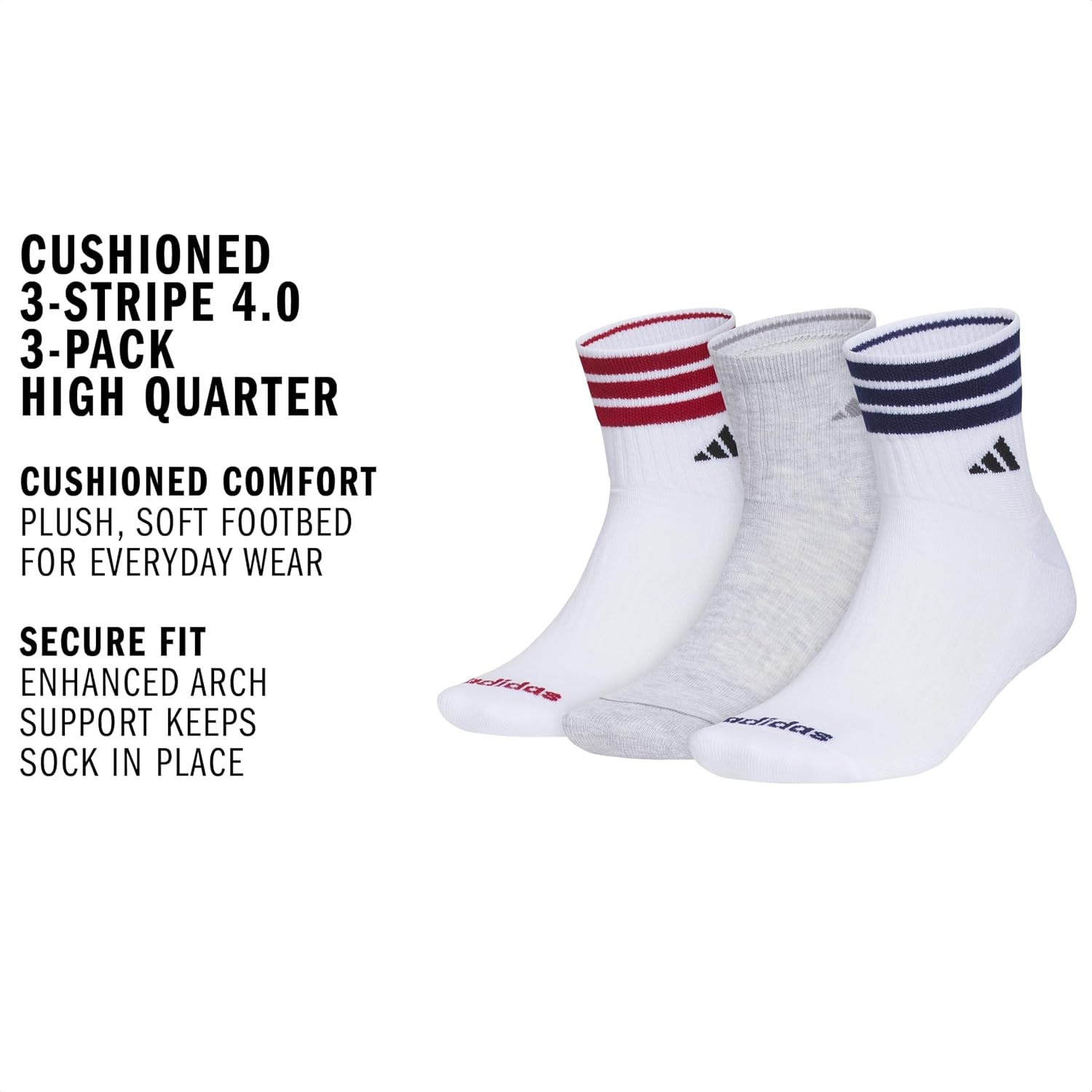 image:imageadidas Mens Cushioned High Quarter Socks 3 Pairs Durable amp ComfortableWhiteActive MaroonDark Blue3stripe4