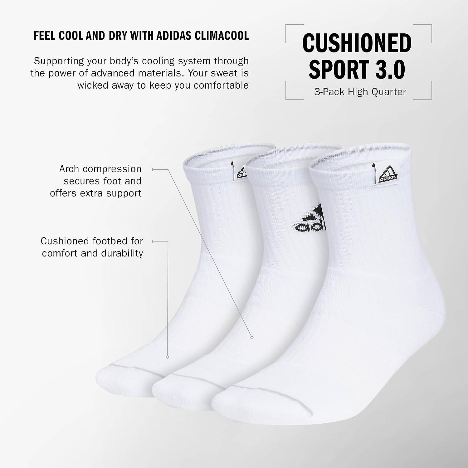 image:imageadidas Mens Cushioned High Quarter Socks 3 Pairs Durable amp ComfortableWhiteBlack3