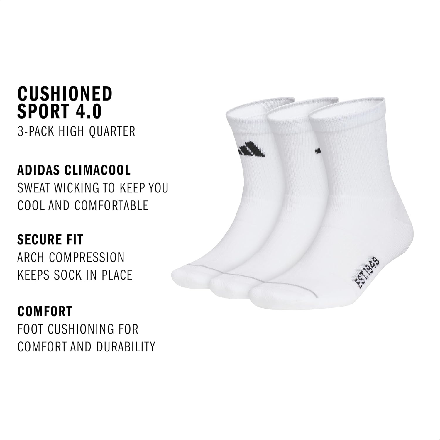 image:imageadidas Mens Cushioned High Quarter Socks 3 Pairs Durable amp ComfortableWhiteBlackClear Onix Grey4