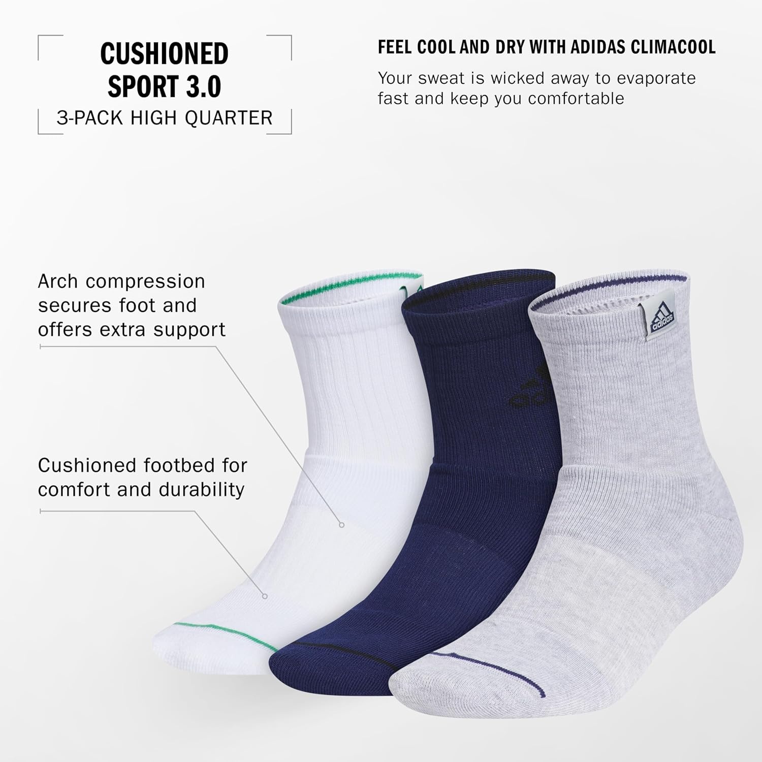image:imageadidas Mens Cushioned High Quarter Socks 3 Pairs Durable amp ComfortableWhiteDark BlueCool Light Heather3