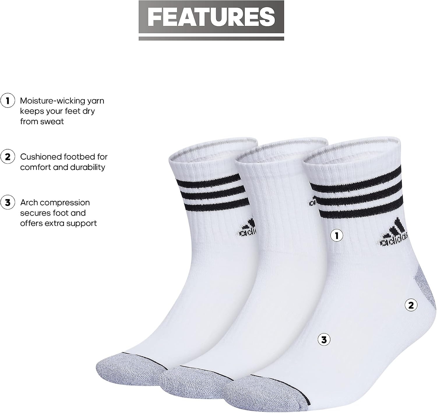 image:imageadidas Mens Cushioned High Quarter Socks 3 Pairs Durable amp ComfortableWhiteGreyBlack3stripe3
