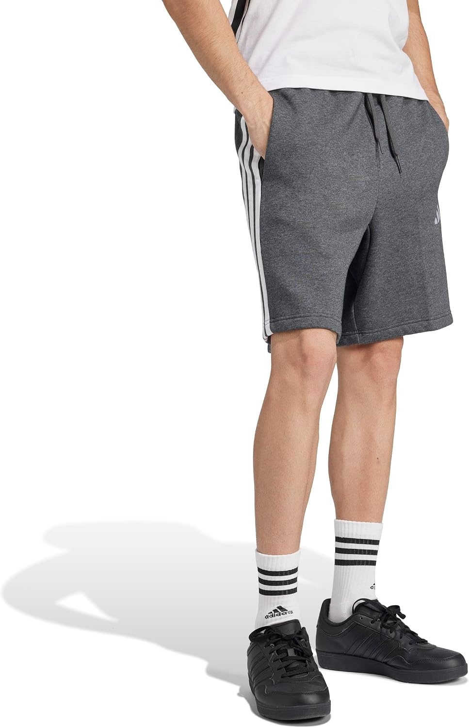 image:imageadidas Mens Essentials 3Stripes Fleece 9inch ShortsMedium Grey HeatherBlack