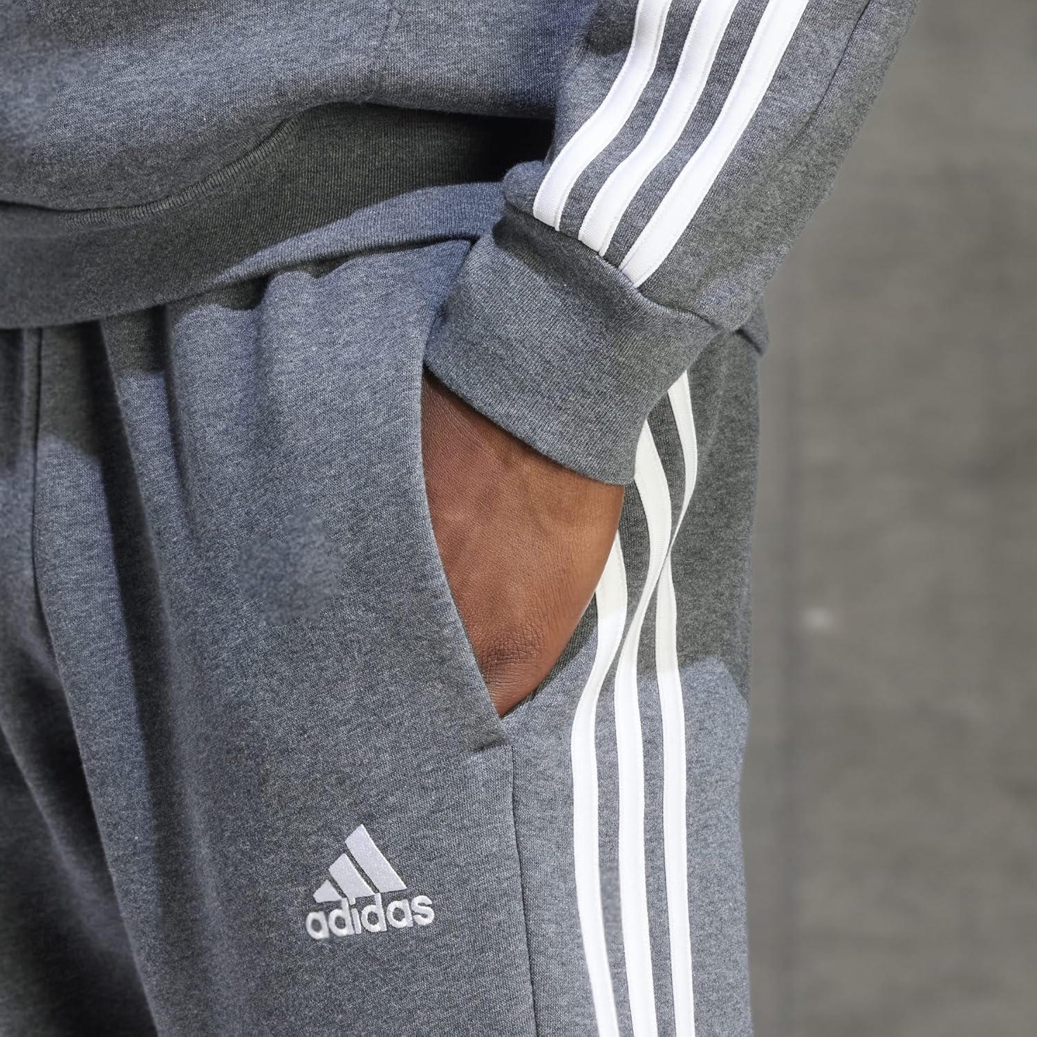 image:imageadidas Mens Essentials Fleece Open Hem 3Stripes PantsDark Grey Heather