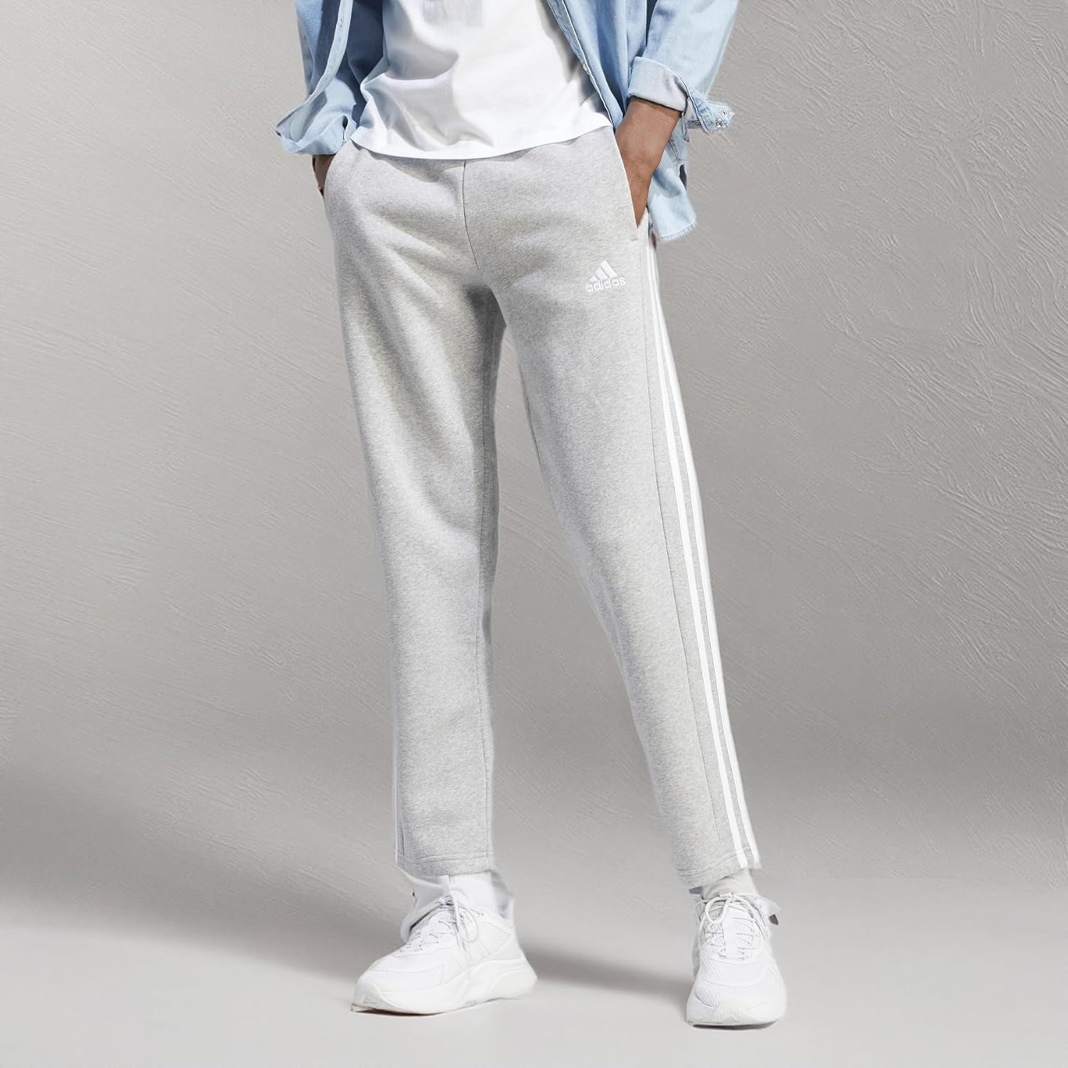 image:imageadidas Mens Essentials Fleece Open Hem 3Stripes PantsMedium Grey Heather