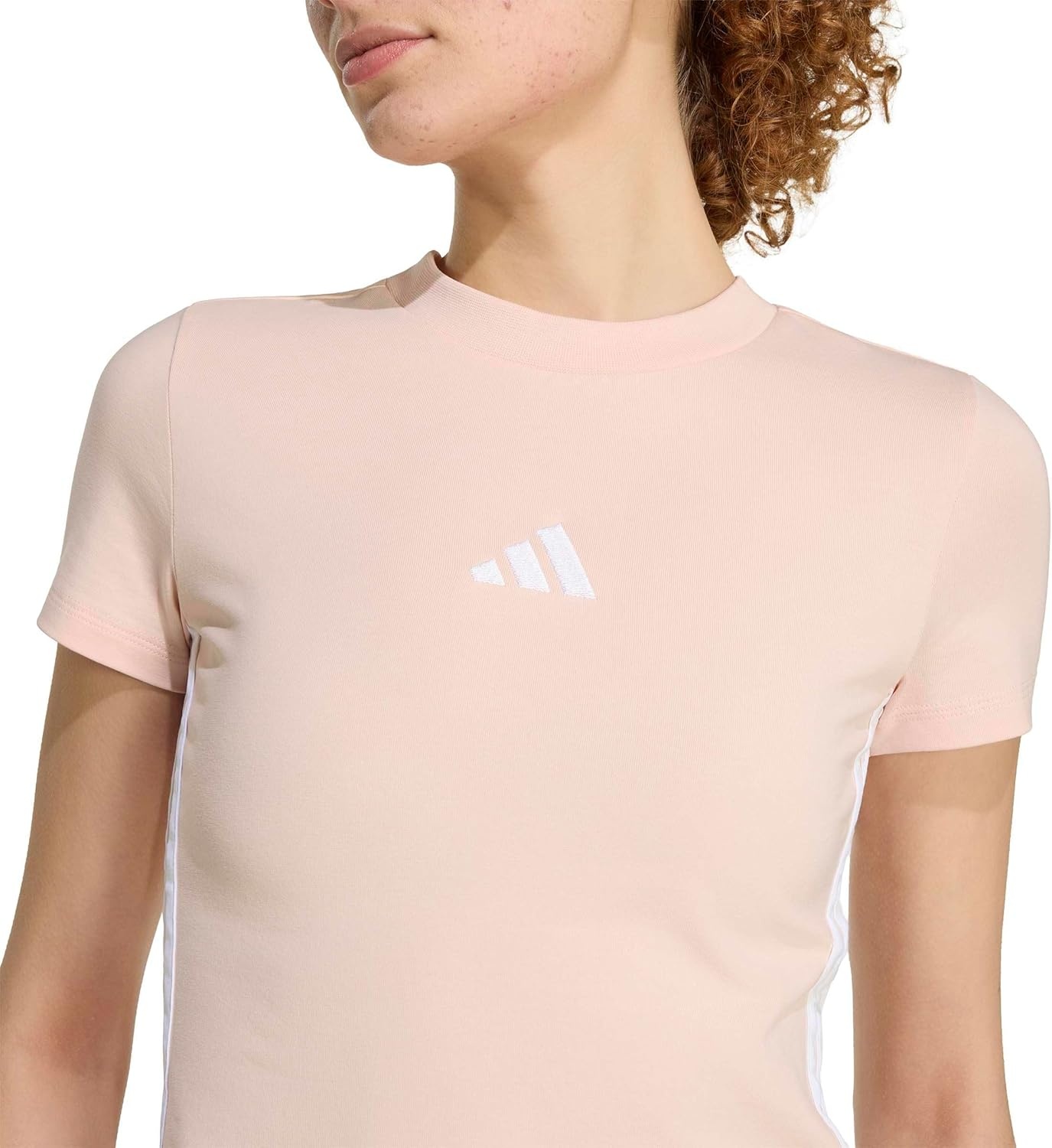 image:imageadidas Womens Essentials 3Stripes Slim Baby TShirtBlush PinkWhite