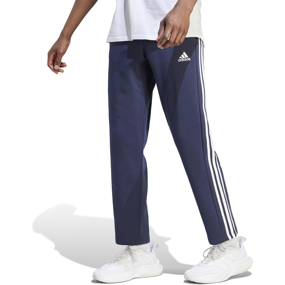 image:imageadidas Mens Essentials Fleece Open Hem 3Stripes PantsBlackLucid Ray Blue