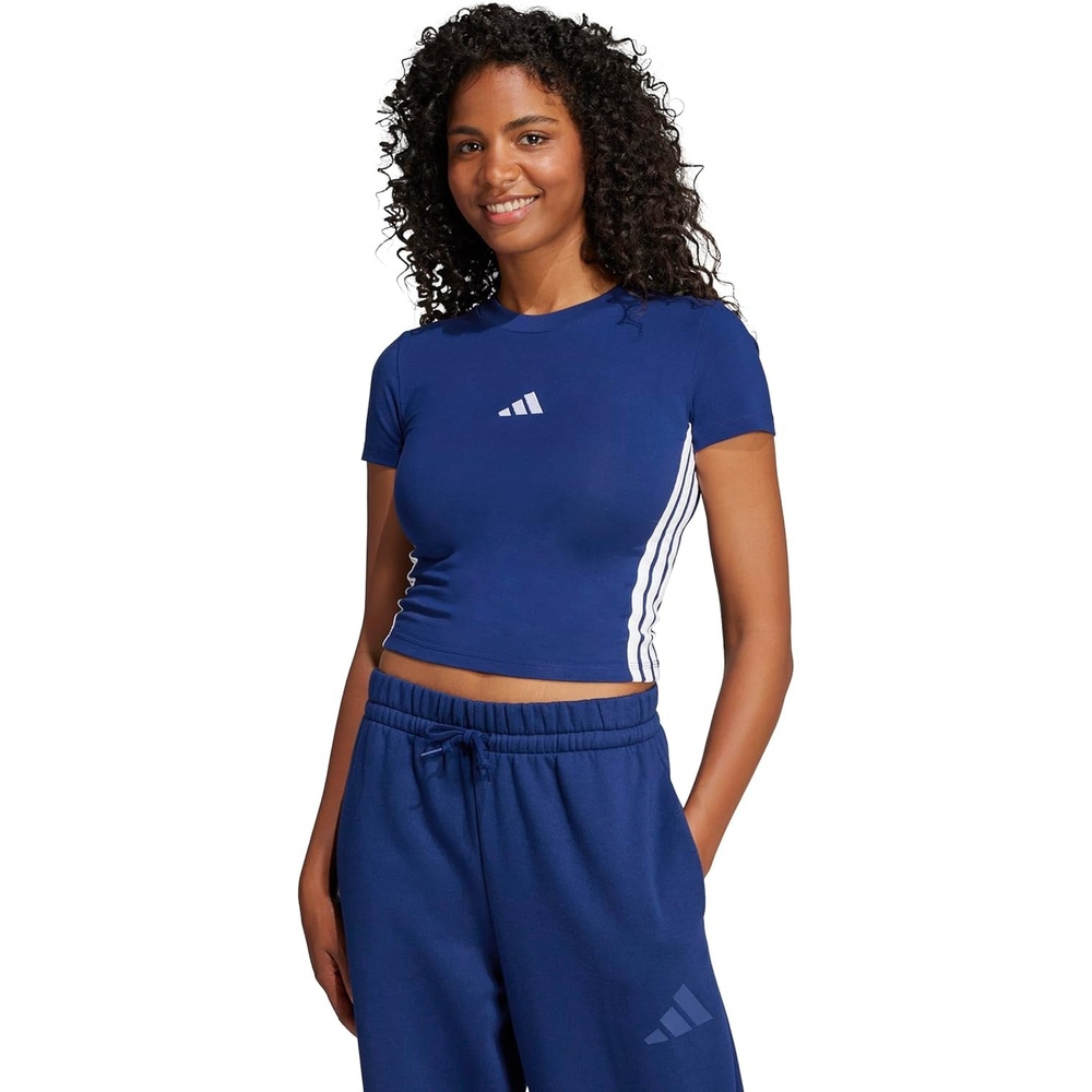 image:imageadidas Womens Essentials 3Stripes Slim Baby TShirtDark BlueWhite
