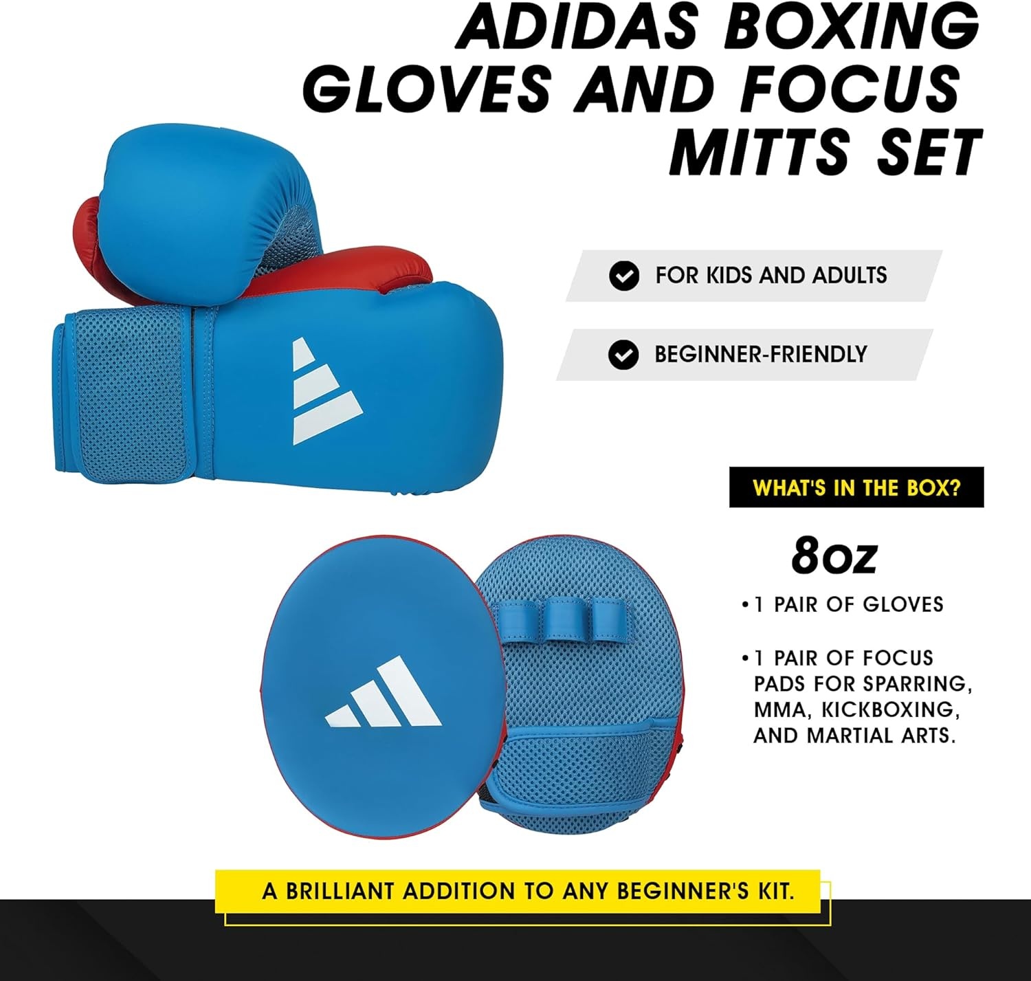 image:imageAdidas Boxing Home Training Kit Pair of Gloves and Mitts 2pc Set for Adult amp Kids for Boxing Punching Bag Kickboxing MMA and Training Blue Red