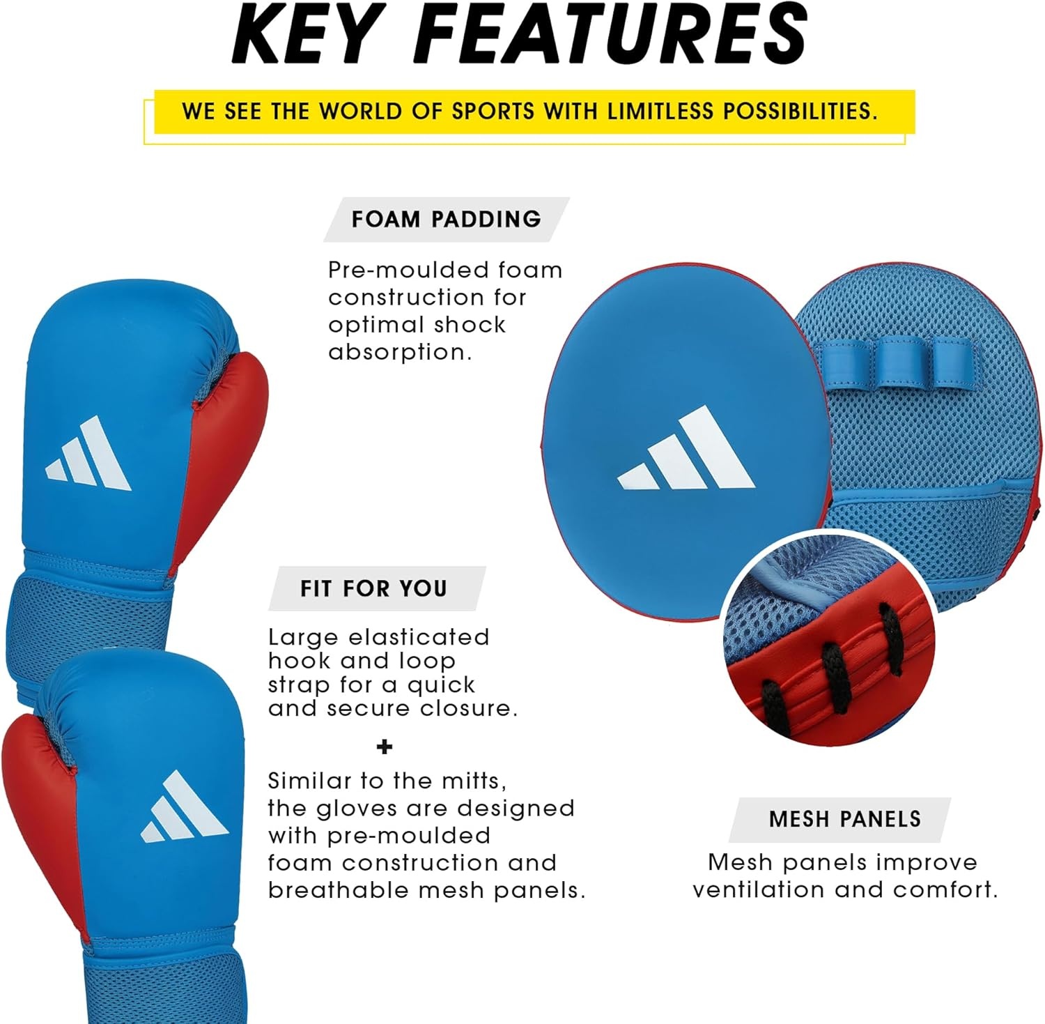 image:imageAdidas Boxing Home Training Kit Pair of Gloves and Mitts 2pc Set for Adult amp Kids for Boxing Punching Bag Kickboxing MMA and Training Blue Red