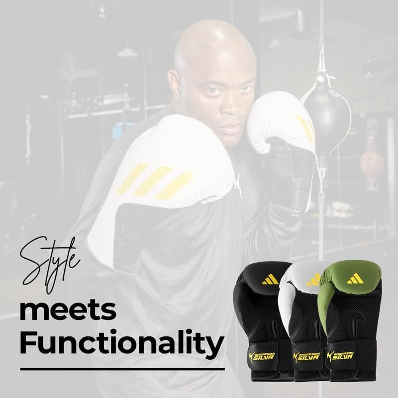 image:imageAdidas x Anderson Silva Tilt150 Boxing Gloves Premium PU Shell Enhanced Wrist Support Optimal Punch Alignment for Men Women Kids Boxing Kickboxing MMA Punching Gloves MMA GlovesWhiteBlackYellowCamo