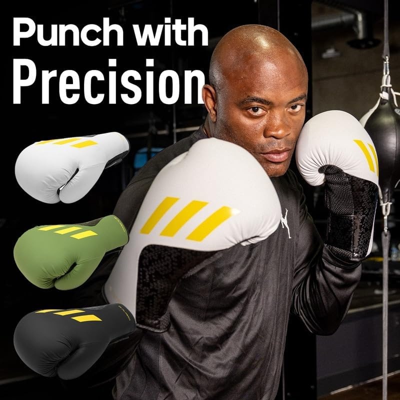 image:imageAdidas x Anderson Silva Tilt150 Boxing Gloves Premium PU Shell Enhanced Wrist Support Optimal Punch Alignment for Men Women Kids Boxing Kickboxing MMA Punching Gloves MMA GlovesWhiteBlackYellowCamo