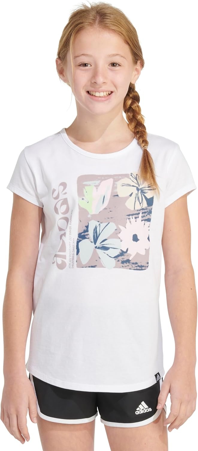 image:imageadidas Girls Short Sleeve Scoop Neck Tee TShirtWhite Floral