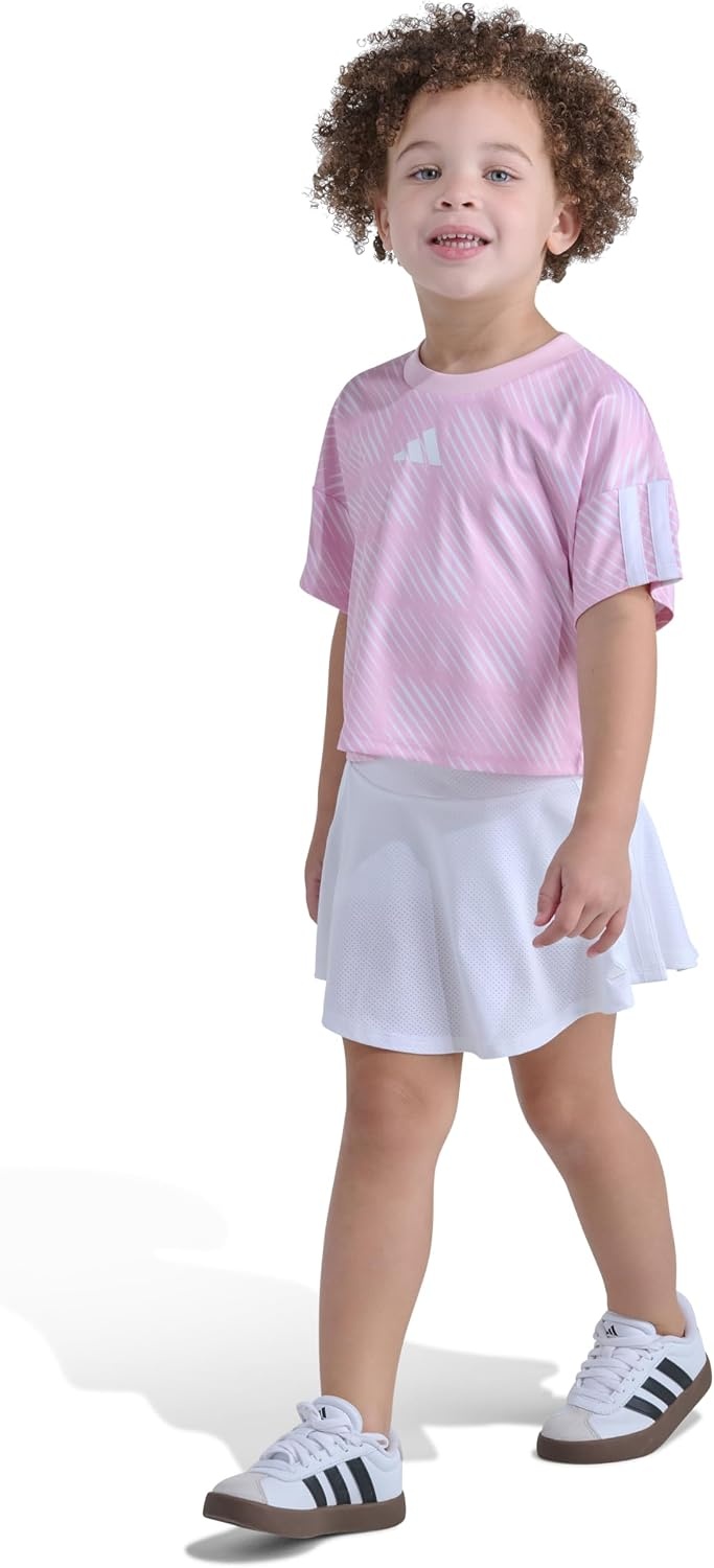 image:imageadidas Girls Short Sleeve Top and Skort Set SoccerInspired TwoPiece Outfit with BuiltIn Bike ShortsMed Pink