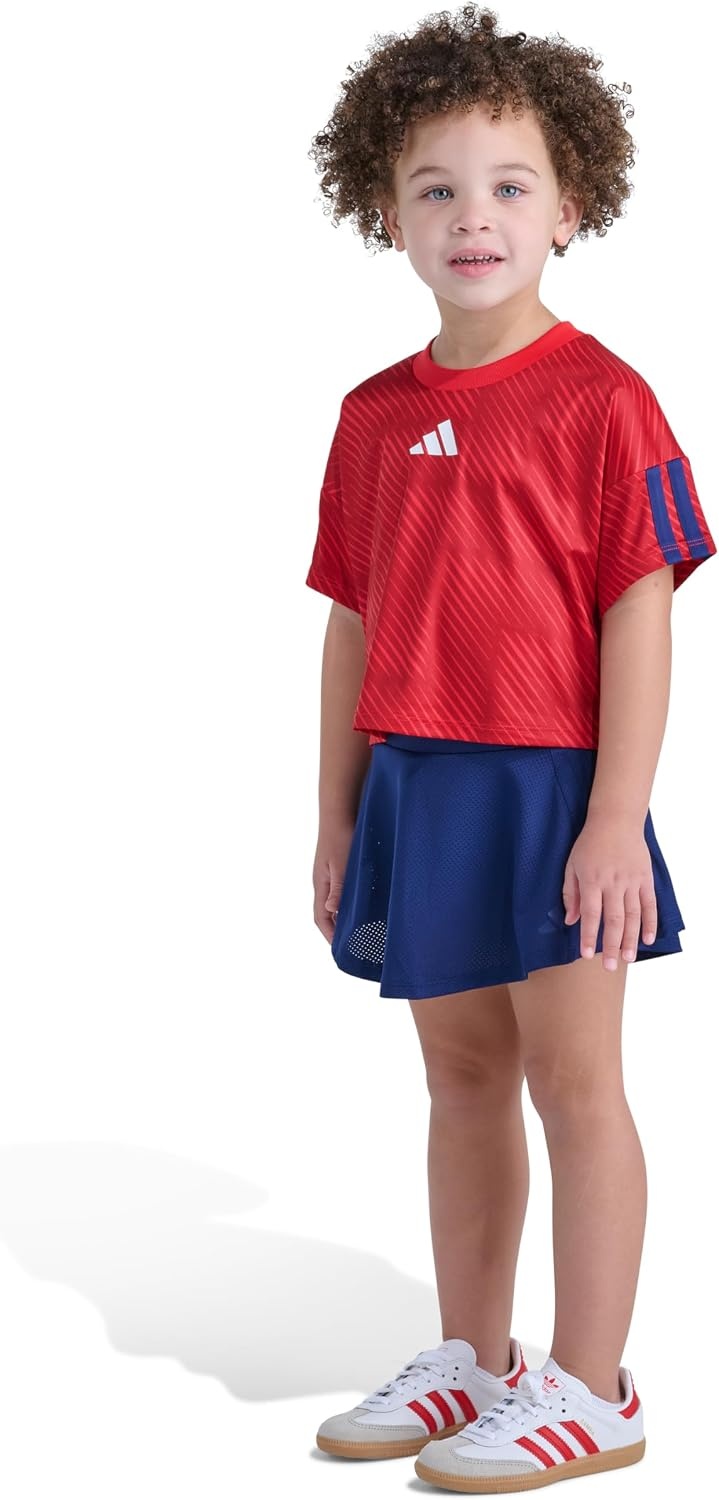 image:imageadidas Girls Short Sleeve Top and Skort Set SoccerInspired TwoPiece Outfit with BuiltIn Bike ShortsRed