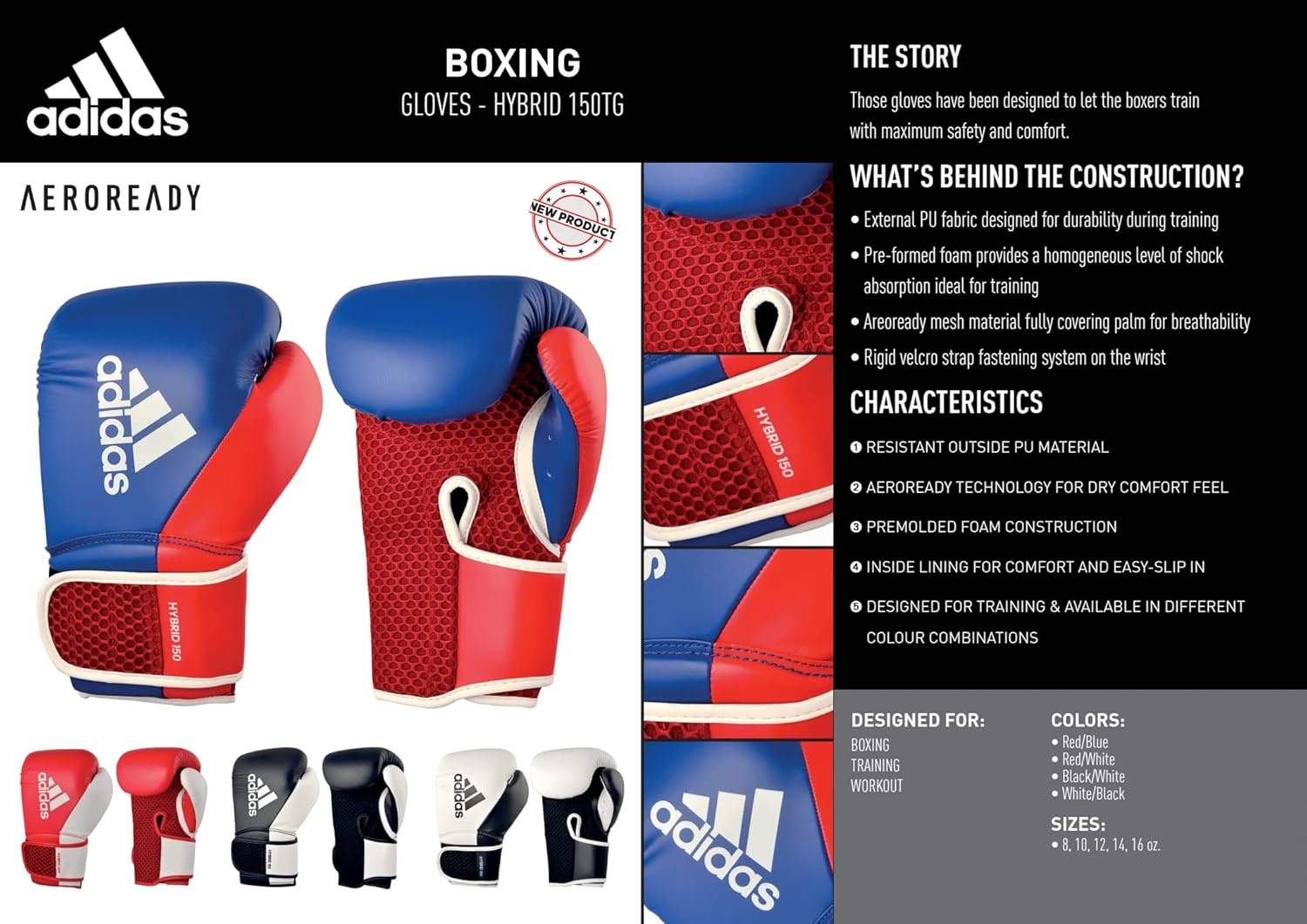 image:imageadidas Hybrid 150 Boxing Gloves Leather Training Boxing Gloves for Men amp Women Kickboxing Heavy Bag MMA amp Workout Gloves Available in 10 12 14 16 oz BlackWhite WhiteBlackWHITE BLACK
