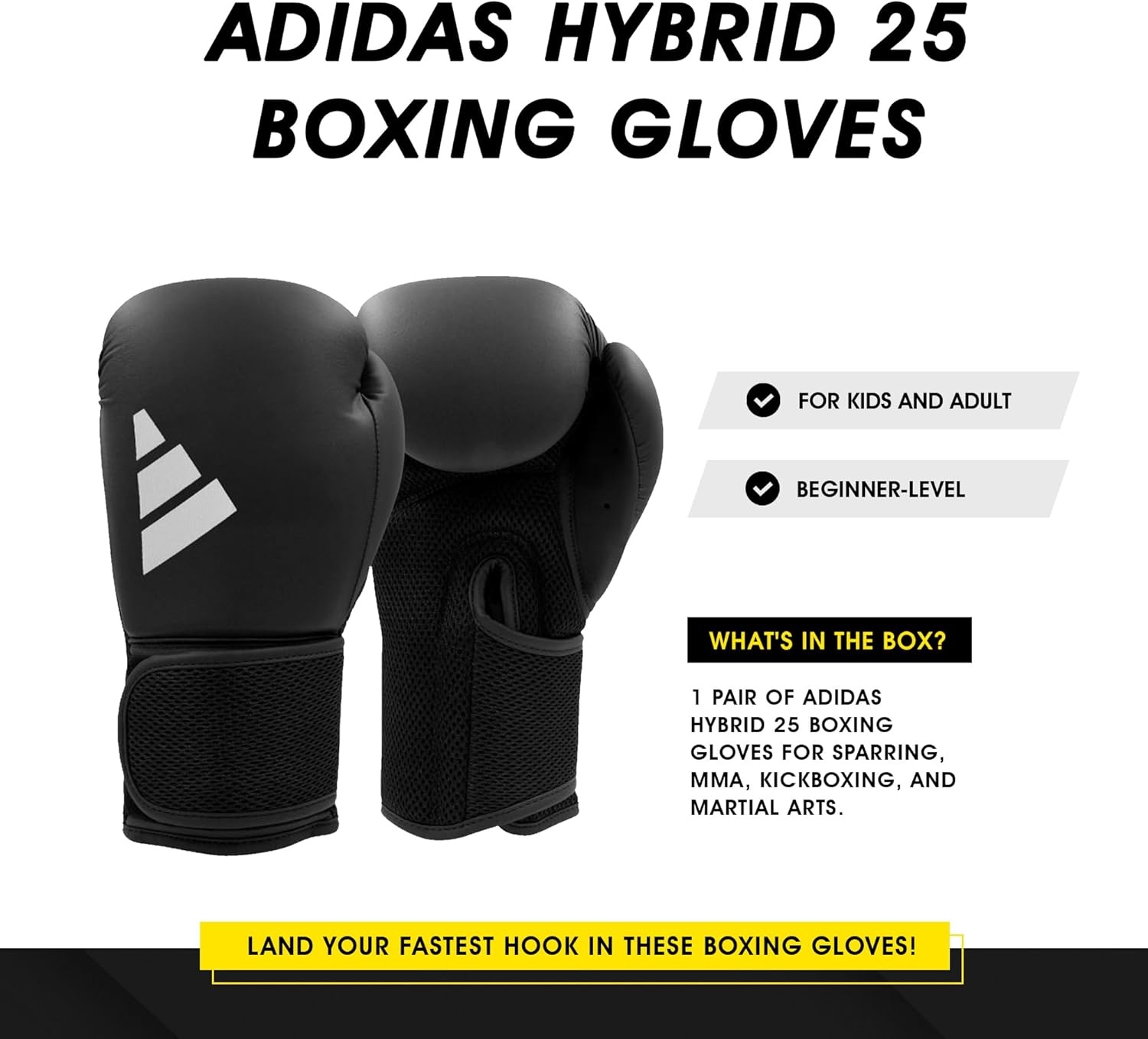 image:imageadidas Hybrid 25 Boxing Gloves for Boxing MMA Kickboxing Muay Thai Beginner Punching Bag Workouts Designed for Men amp Women Enhanced Training PerformanceBlack