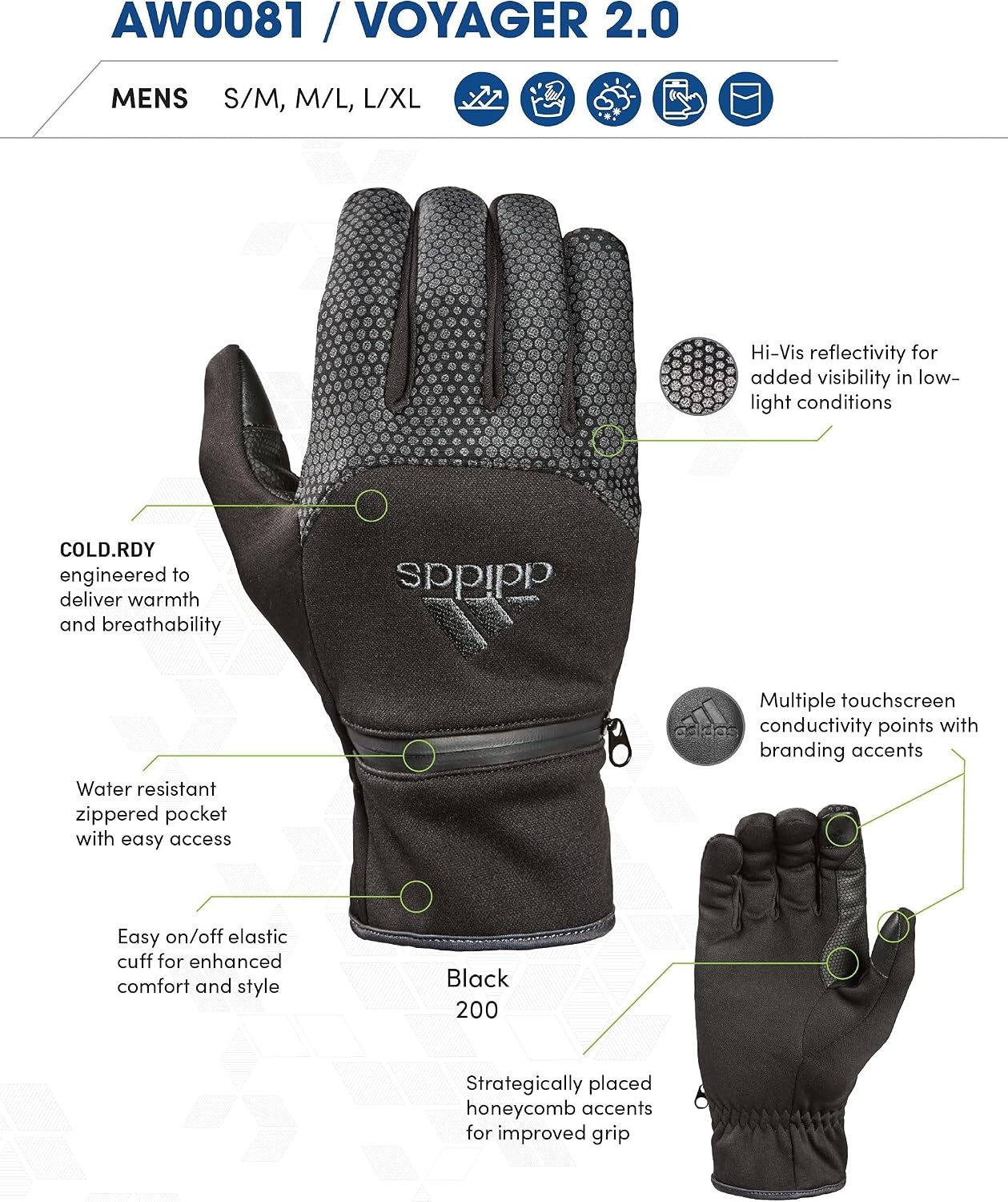 image:imageadidas Winter Performance Voyager 20 or GLORY Reflective Gloves with Multiple Touchscreen Conductivity Points BlackVoyager 20 BlackGray
