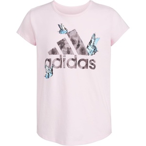 adidas Girls’ Short Sleeve Scoop Neck Tee T-Shirt(Light Pink W/ Butterflies)