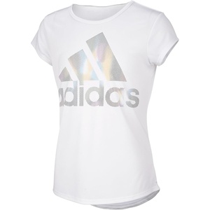 adidas Girls’ Short Sleeve Scoop Neck Tee T-Shirt(White Rainbow Foil)