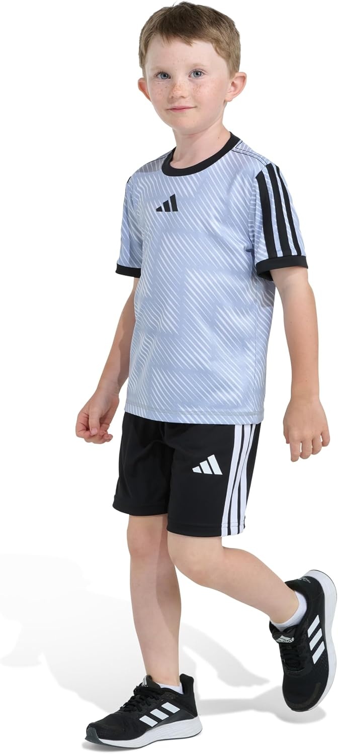 image:imageadidas Boys Short Sleeve 3Stripe Soccer Tee Shirt and Short SetHalo Silver