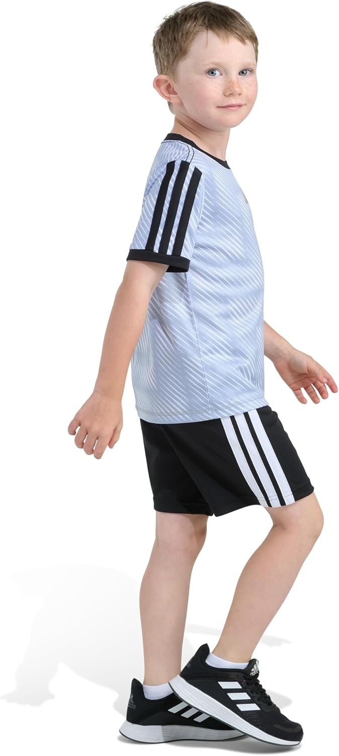 image:imageadidas Boys Short Sleeve 3Stripe Soccer Tee Shirt and Short SetHalo Silver