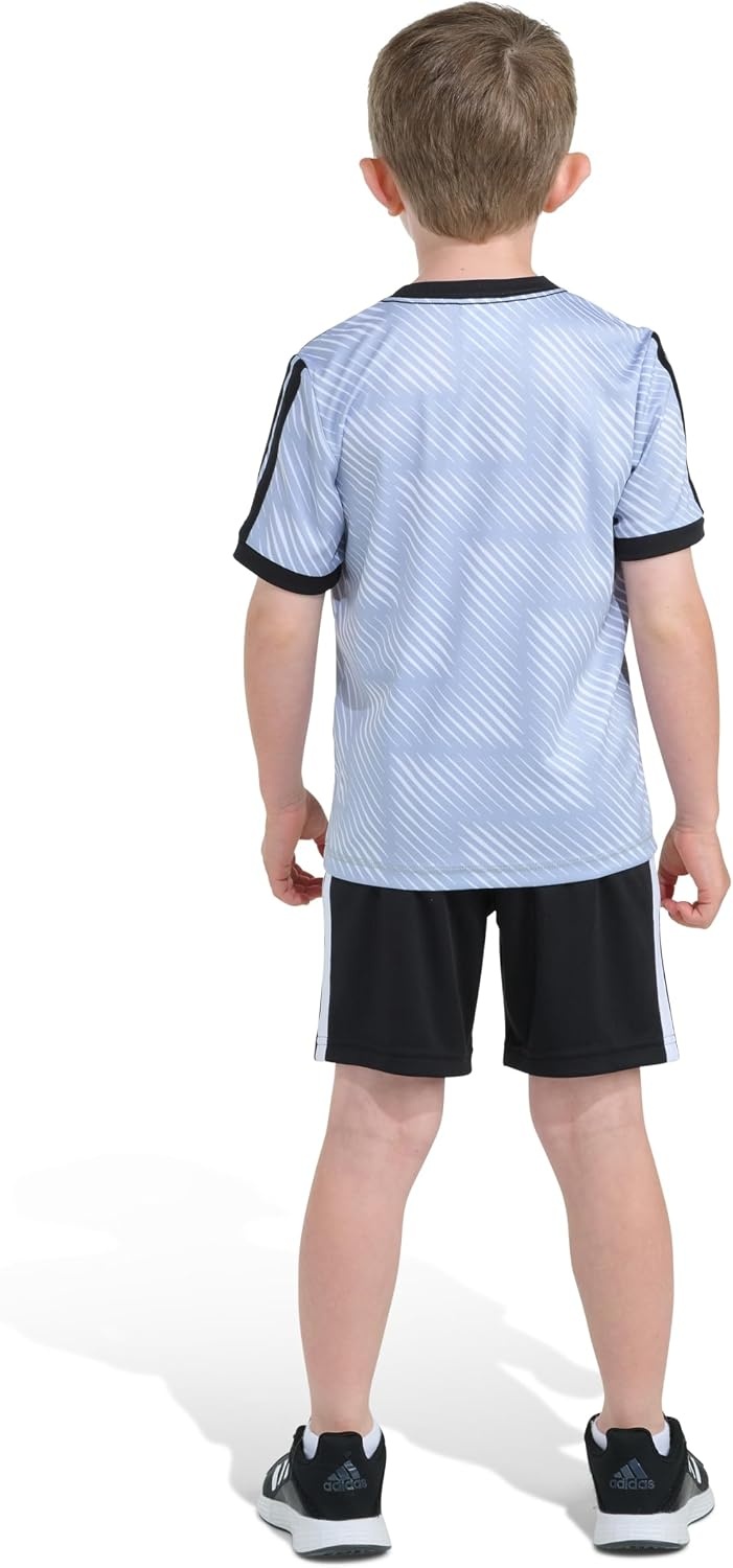image:imageadidas Boys Short Sleeve 3Stripe Soccer Tee Shirt and Short SetHalo Silver