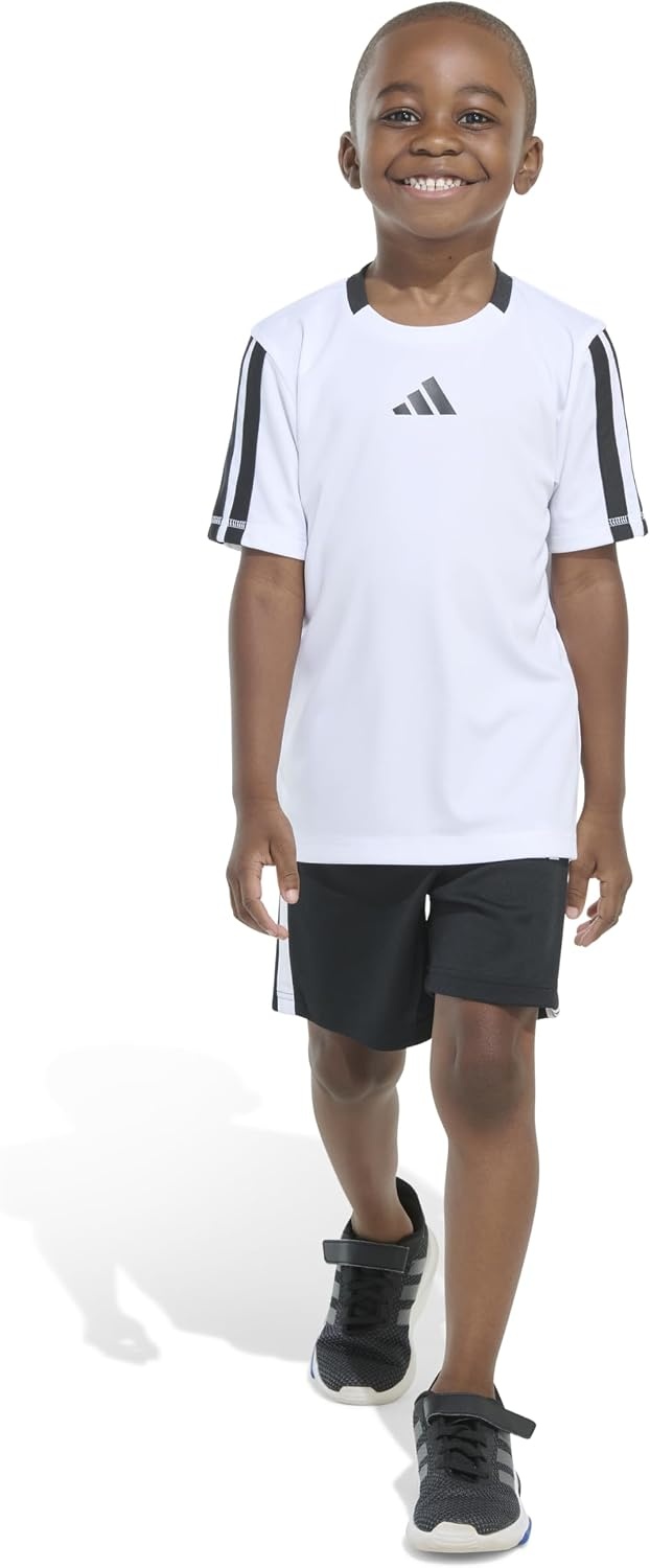 image:imageadidas Boys Short Sleeve 3Stripe Soccer Tee Shirt and Short SetWhite