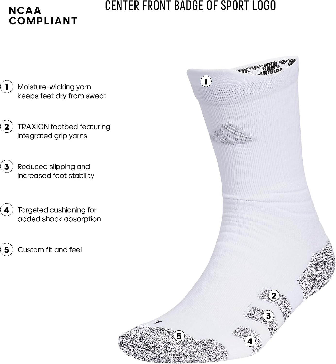image:imageadidas Unisex 5Star TRAXION Grip Crew Socks 1 Pair for Training and Multiple SportsWhiteBlackClear Grey