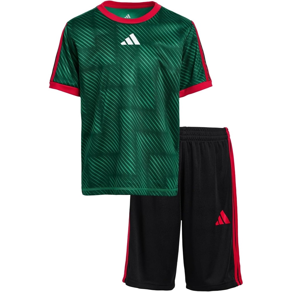 image:imageadidas Boys Short Sleeve 3Stripe Soccer Tee Shirt and Short SetBold Green