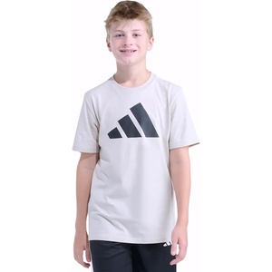 adidas Boys’ Short Sleeve Logo T-Shirt – Soft Cotton Blend Jersey, Regular Fit, Ribbed Crewneck(Natural)