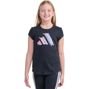 adidas Girls’ Short Sleeve Logo Graphic T-Shirt – Soft Cotton or Cotton Blend Jersey Tee, Ribbed Crewneck(Black)